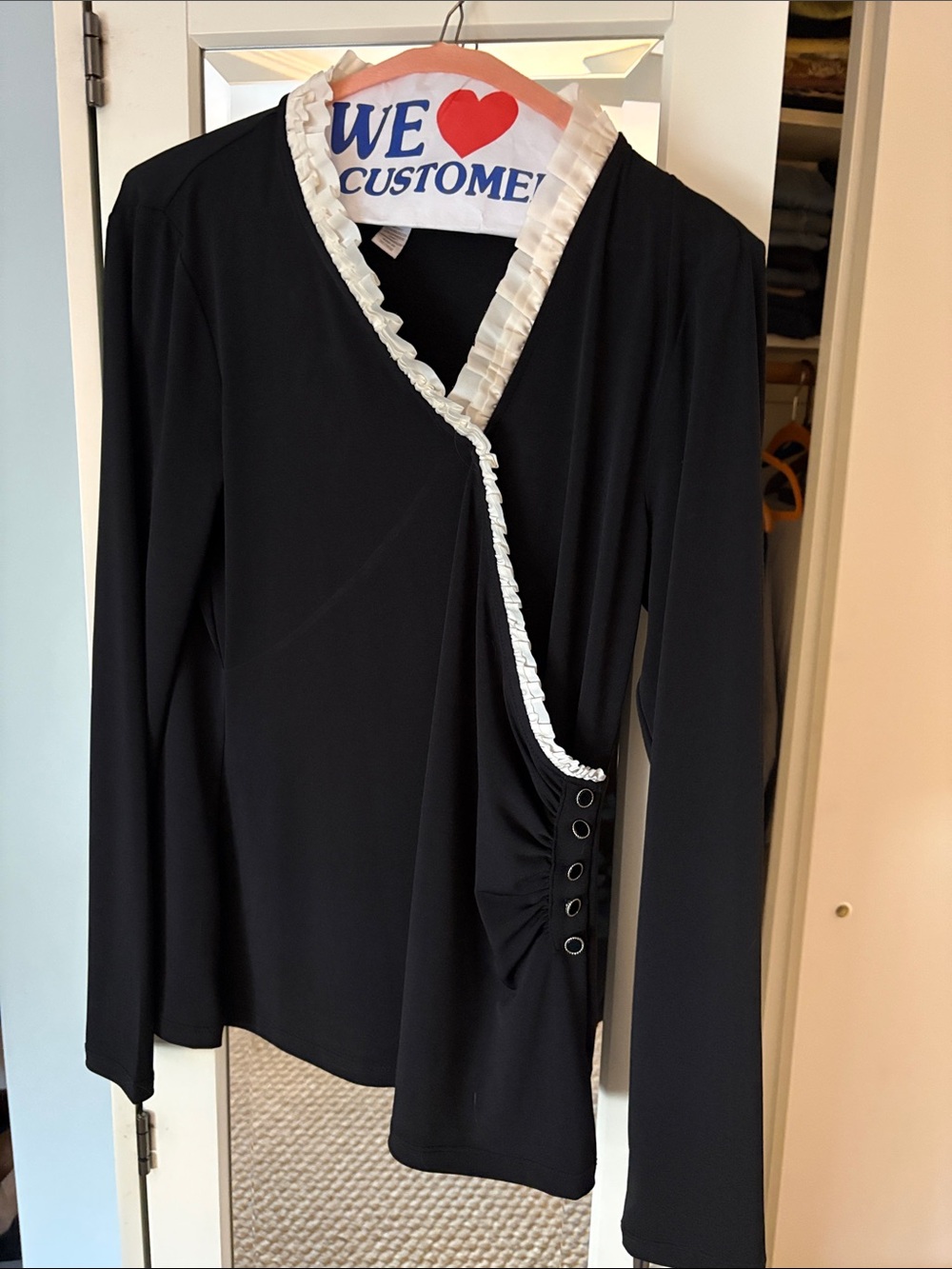 Charter Club Black Long-Sleeve V-Neck Top with White Ruffle Trim